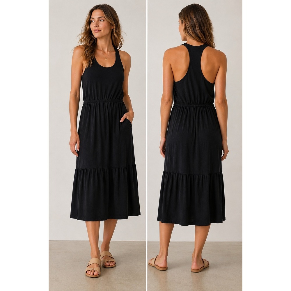 Sundry for Evereve Black Tiered Midi Dress Racerback Elastic Waist Pockets Sz 0